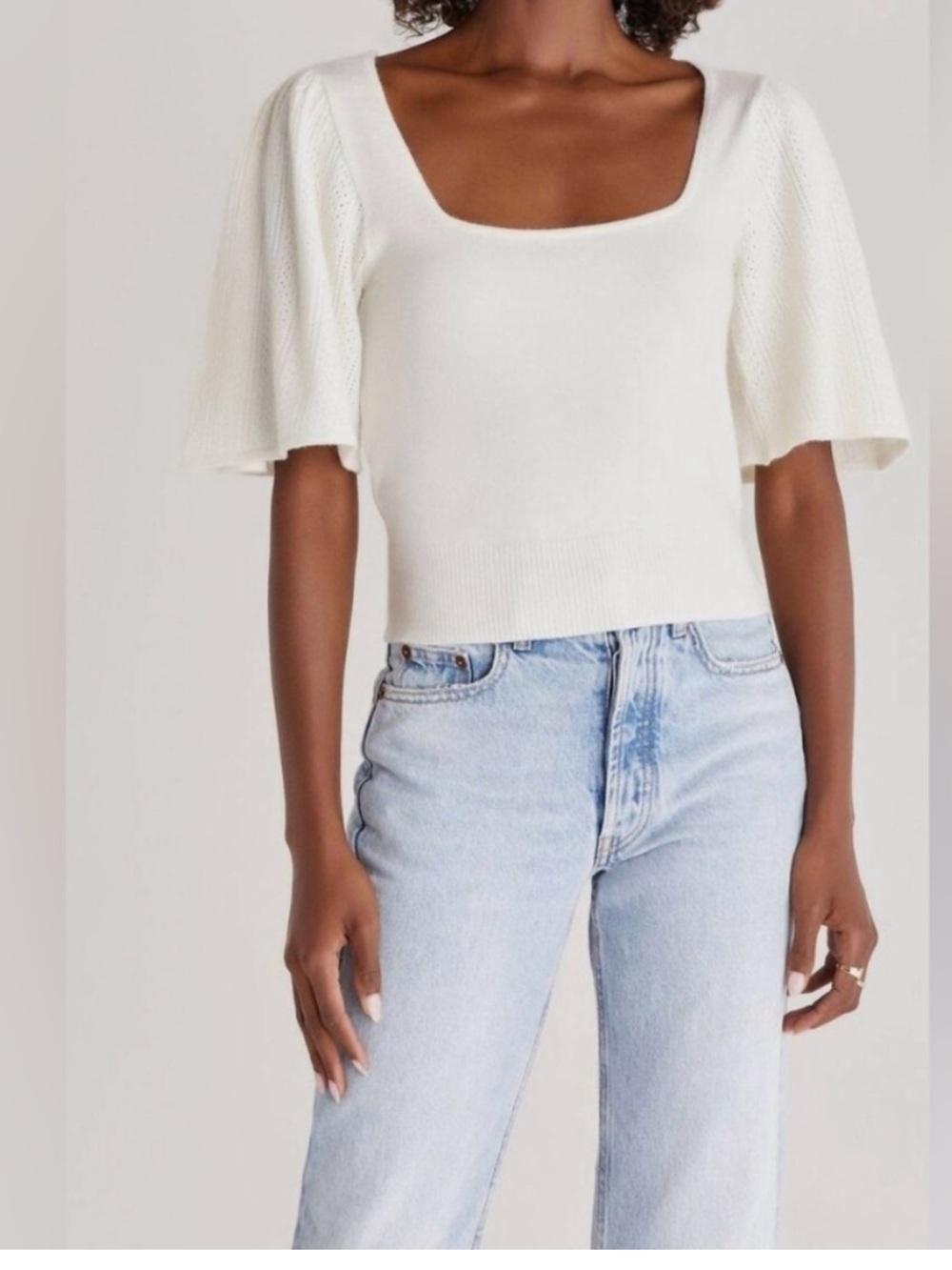 Z Supply square neck sweater with pointelle textured puff sleeves Size L